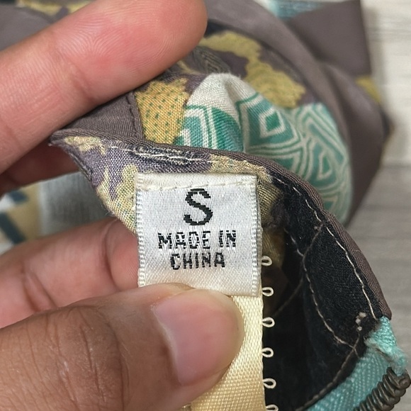 Uncle Frank Brown Yellow Teal Pattern Rayon Sleeveless Shift Dress, Mini, Small - Picture 6 of 7